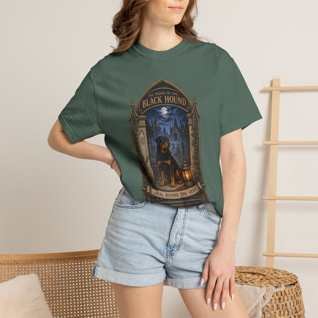 Woman wearing Blue Spruce Comfort Colors T-shirt with The Order of the Black Hound Rottweiler Halloween design