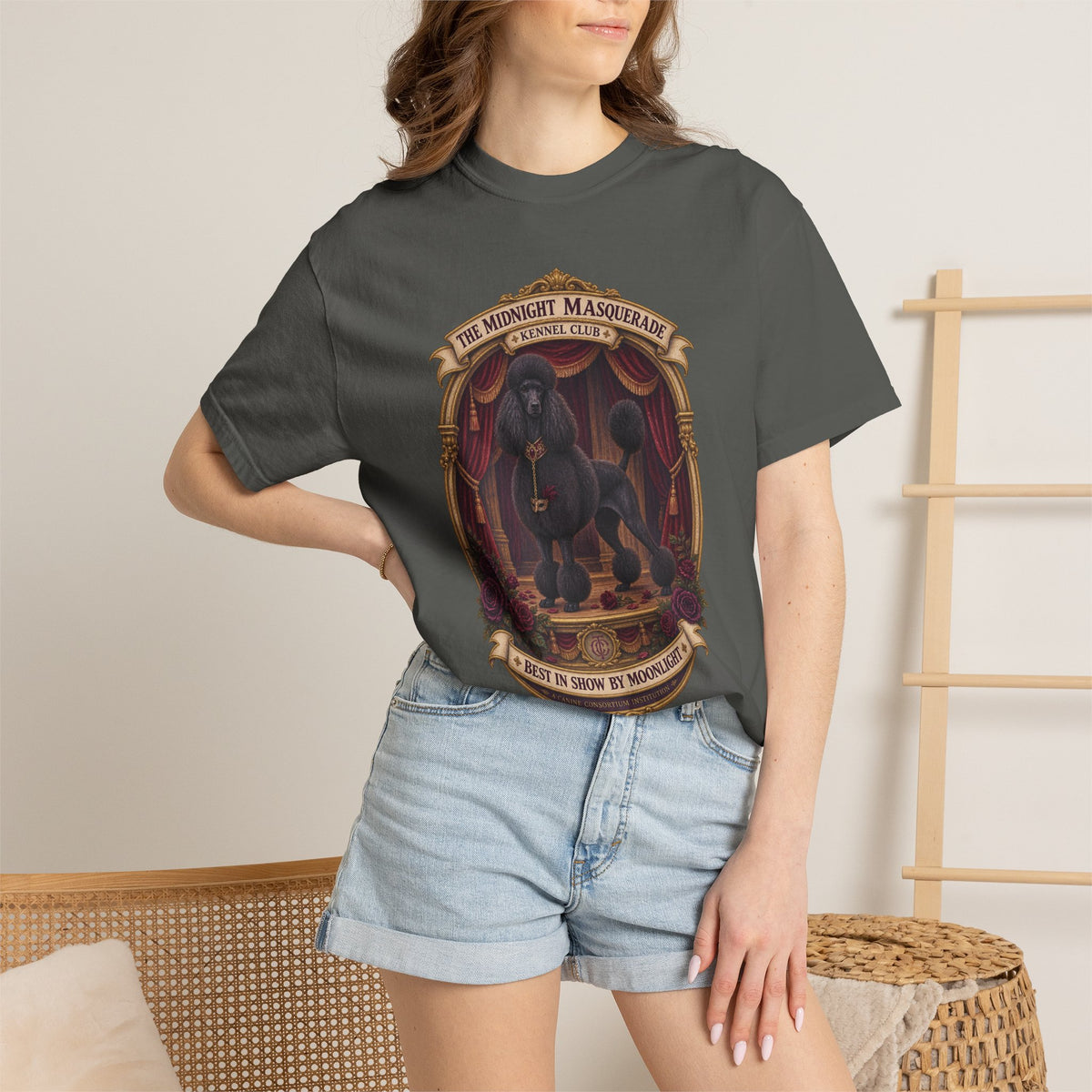 Lifestyle view of Pepper Midnight Masquerade Standard Poodle Halloween T-shirt