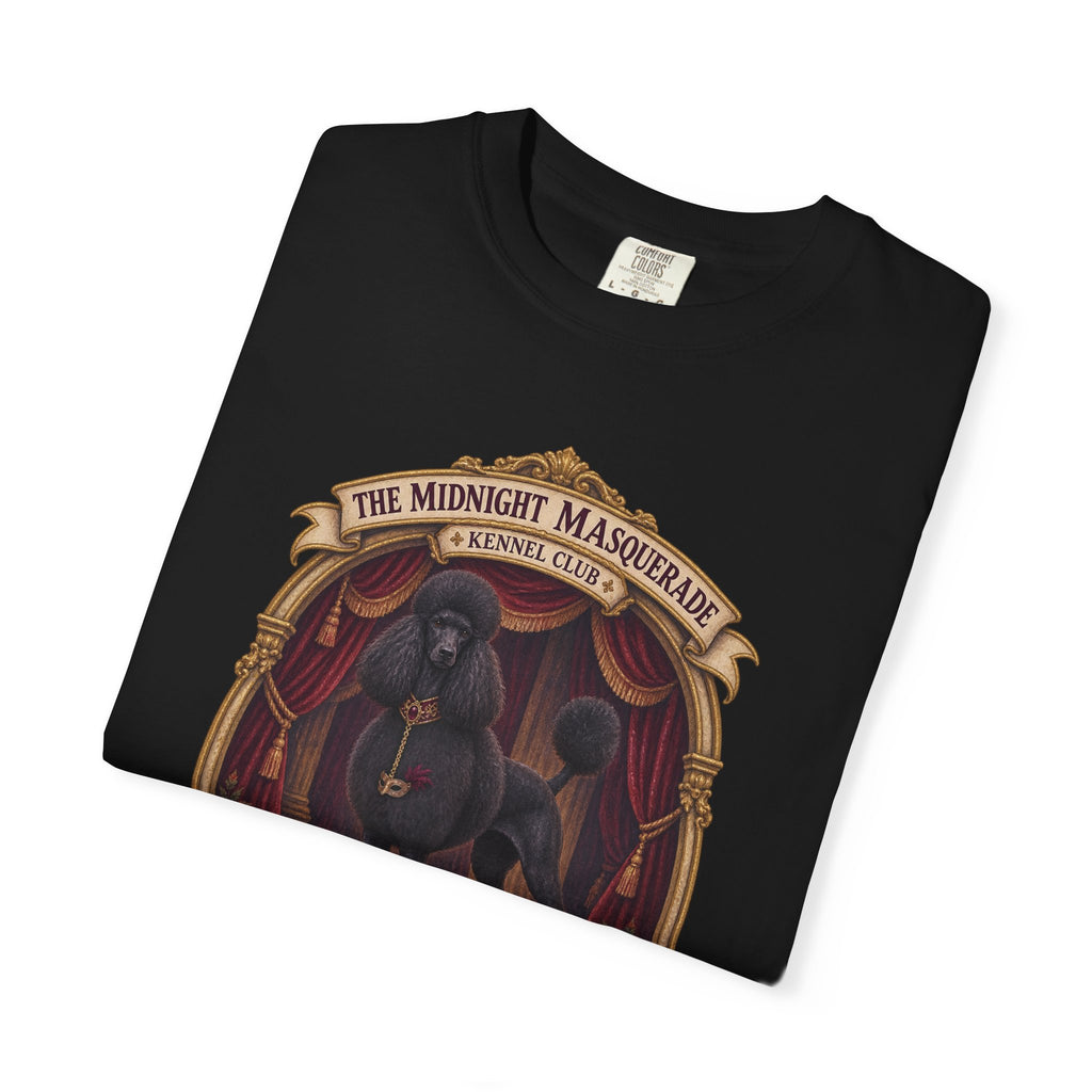 Folded black Midnight Masquerade Standard Poodle Halloween T-shirt detail