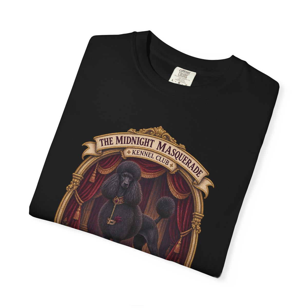 Folded black Midnight Masquerade Standard Poodle Halloween T-shirt detail