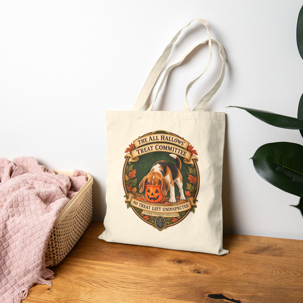 Natural canvas Beagle Halloween tote displayed indoors beside a blanket and houseplant