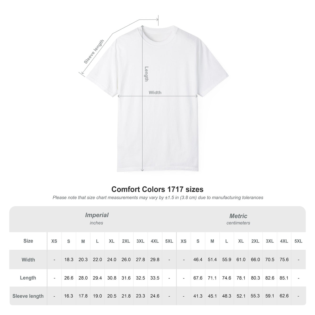 Comfort Colors 1717 size chart for Midnight Masquerade T-shirt, sizes S through 4XL