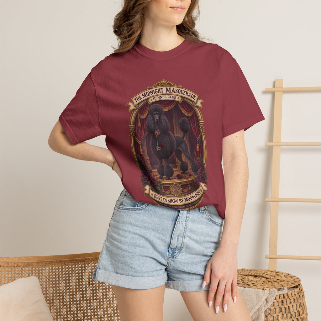 Lifestyle view of Chili Midnight Masquerade Standard Poodle Halloween T-shirt