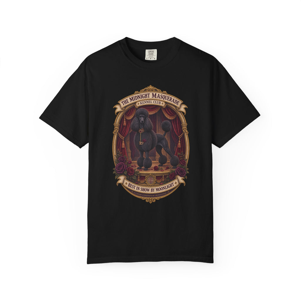 Black Standard Poodle Midnight Masquerade graphic on black Comfort Colors T-shirt, front view