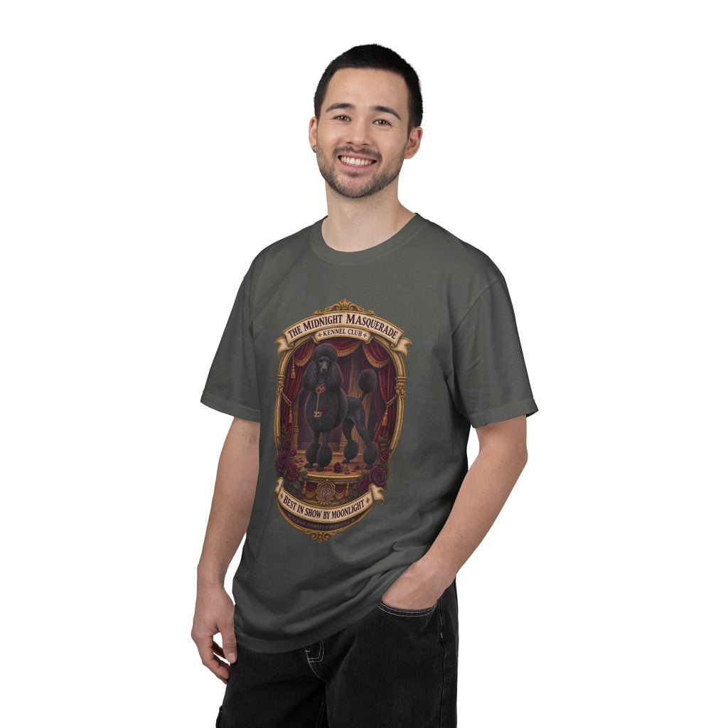 Model wearing Pepper Midnight Masquerade Standard Poodle Halloween T-shirt