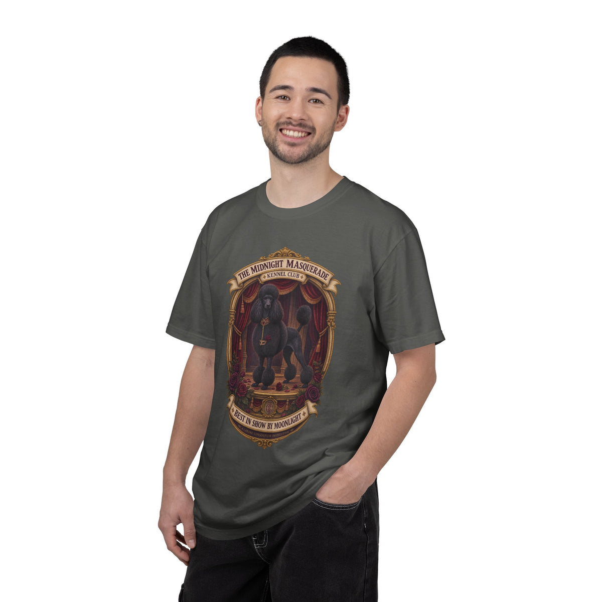 Model wearing Pepper Midnight Masquerade Standard Poodle Halloween T-shirt