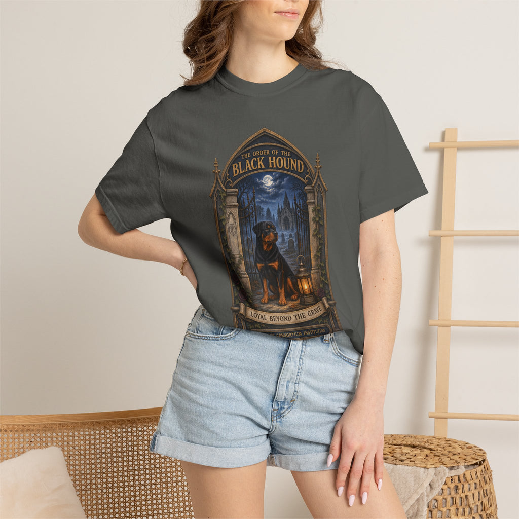 Woman wearing Pepper Comfort Colors T-shirt with The Order of the Black Hound Rottweiler Halloween design