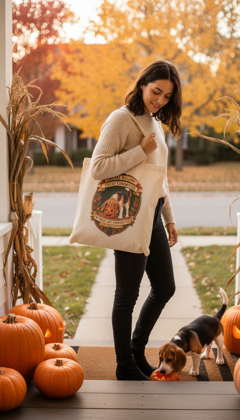 Woman carrying Beagle Halloween tote on an autumn porch with pumpkins and a Beagle