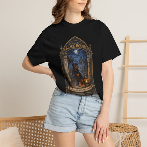 Woman wearing black Comfort Colors T-shirt with The Order of the Black Hound Rottweiler Halloween design