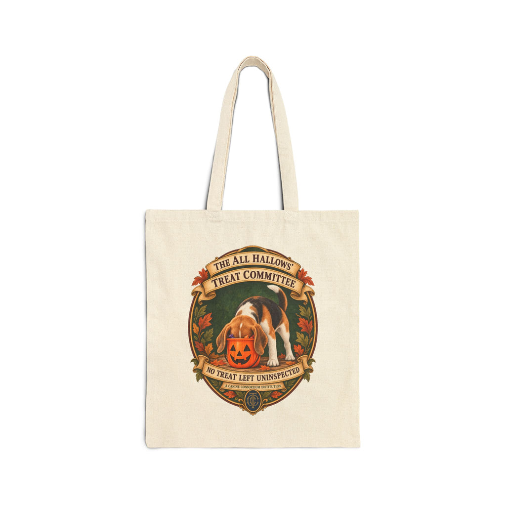 Natural cotton canvas tote with Beagle Halloween Treat Committee design, front view