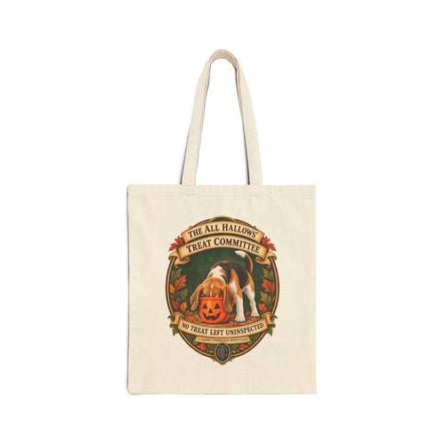 Natural cotton canvas tote with Beagle Halloween Treat Committee design, front view