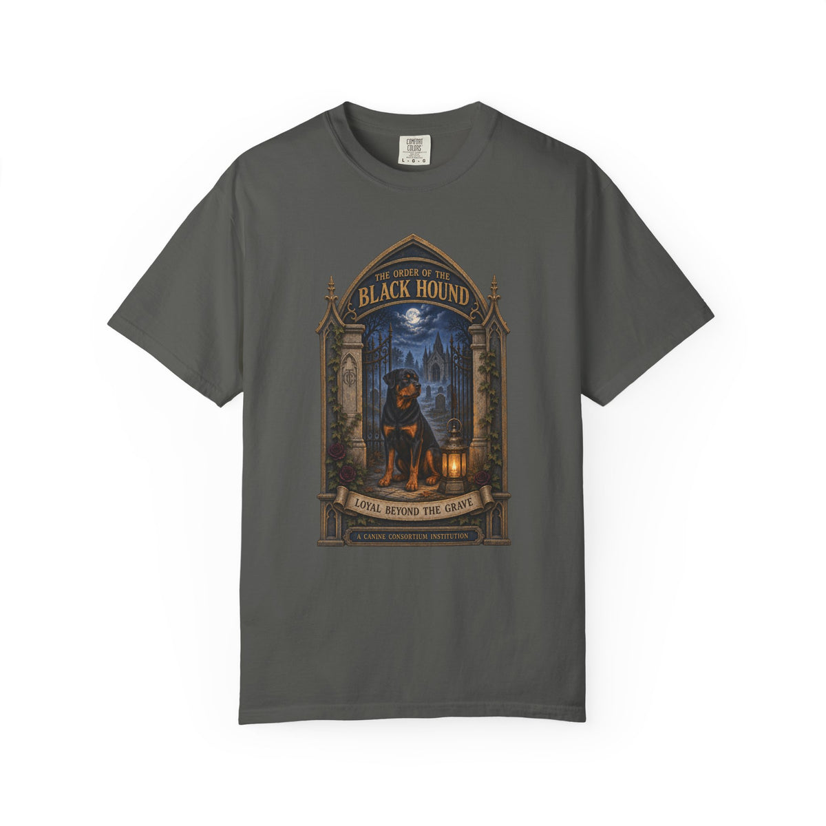 Gothic Rottweiler Black Hound Halloween graphic on Pepper Comfort Colors T-shirt, front view