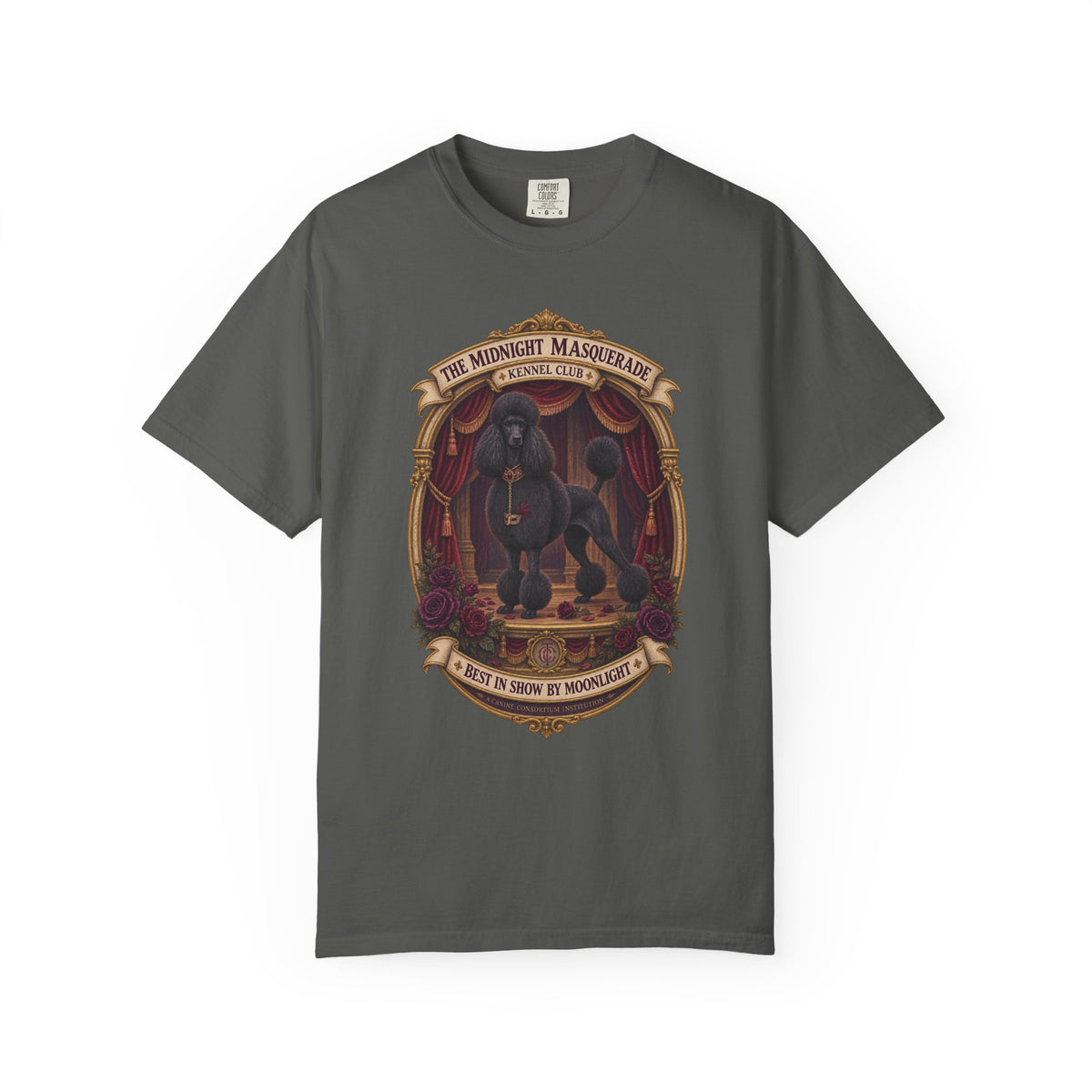 Black Standard Poodle Midnight Masquerade graphic on Pepper Comfort Colors T-shirt, front view