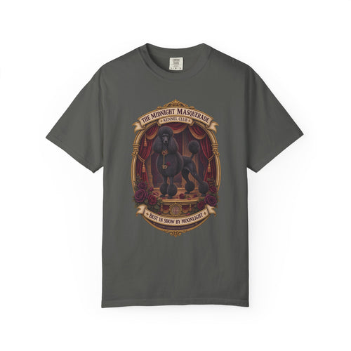 Black Standard Poodle Midnight Masquerade graphic on Pepper Comfort Colors T-shirt, front view