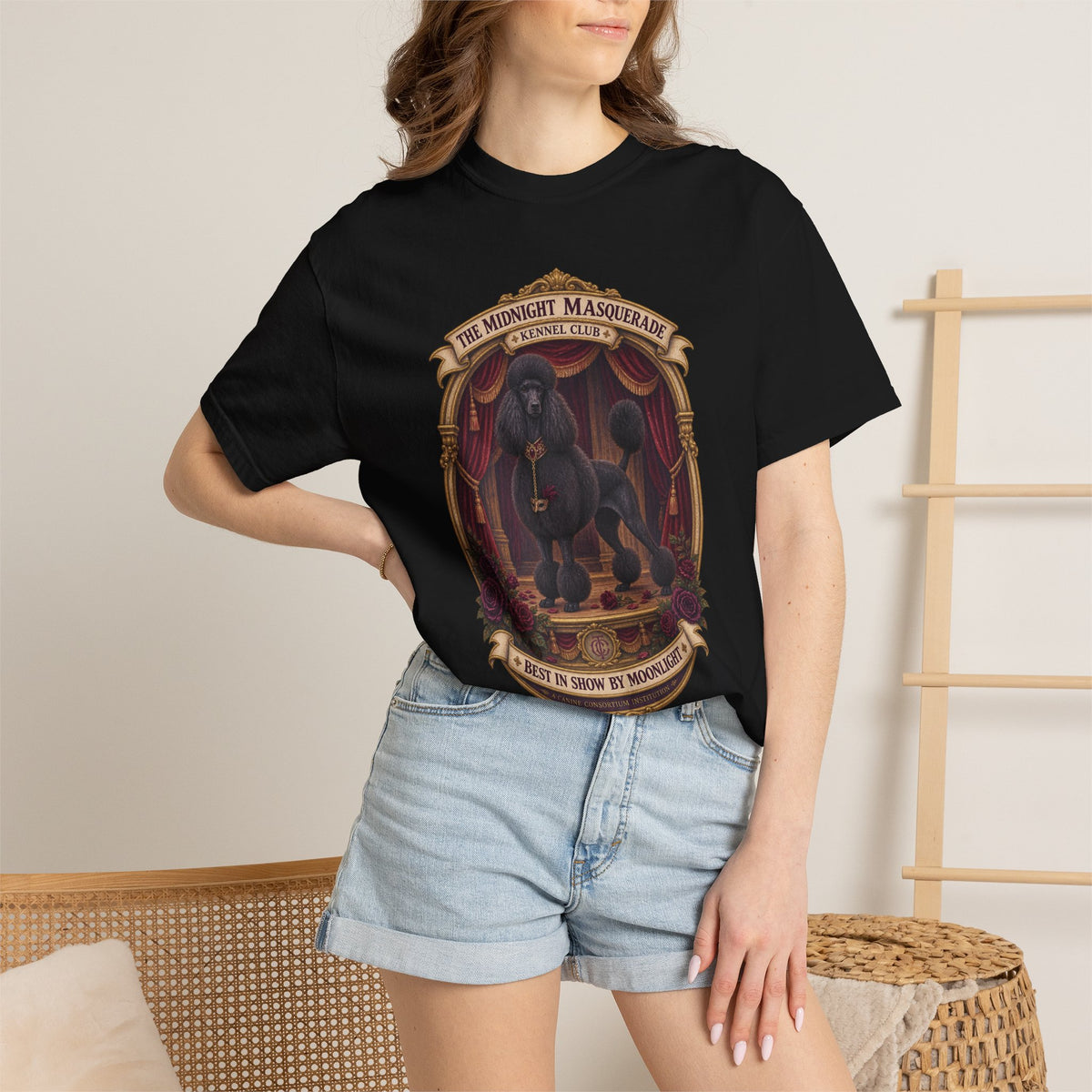 Lifestyle view of black Midnight Masquerade Standard Poodle Halloween T-shirt