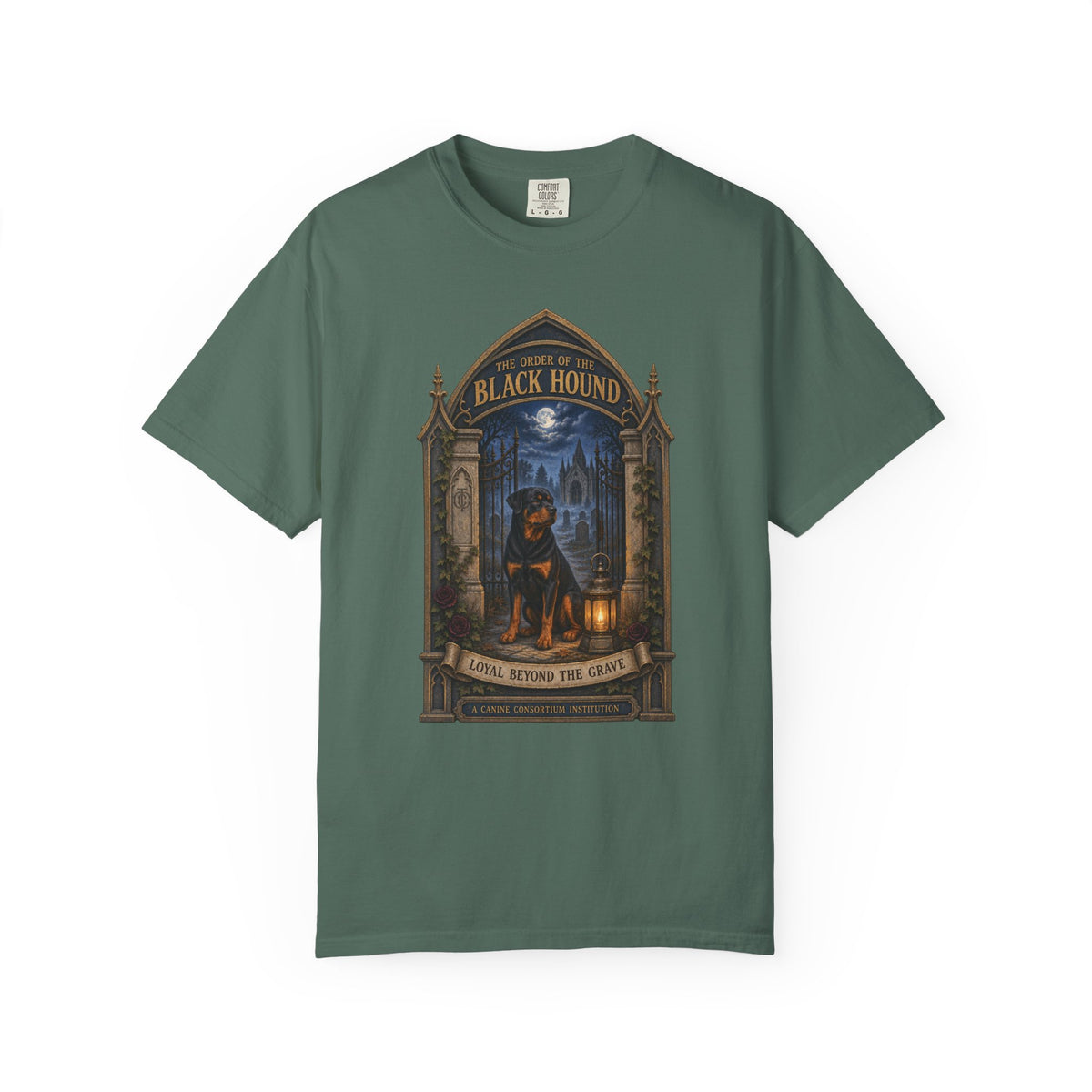 Gothic Rottweiler Black Hound Halloween graphic on Blue Spruce Comfort Colors T-shirt, front view