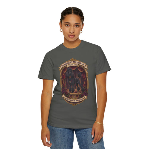 Model wearing Pepper Midnight Masquerade Standard Poodle Halloween T-shirt