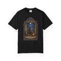 Gothic Rottweiler Black Hound Halloween graphic on black Comfort Colors T-shirt, front view