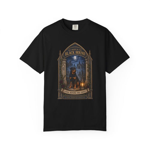 Gothic Rottweiler Black Hound Halloween graphic on black Comfort Colors T-shirt, front view