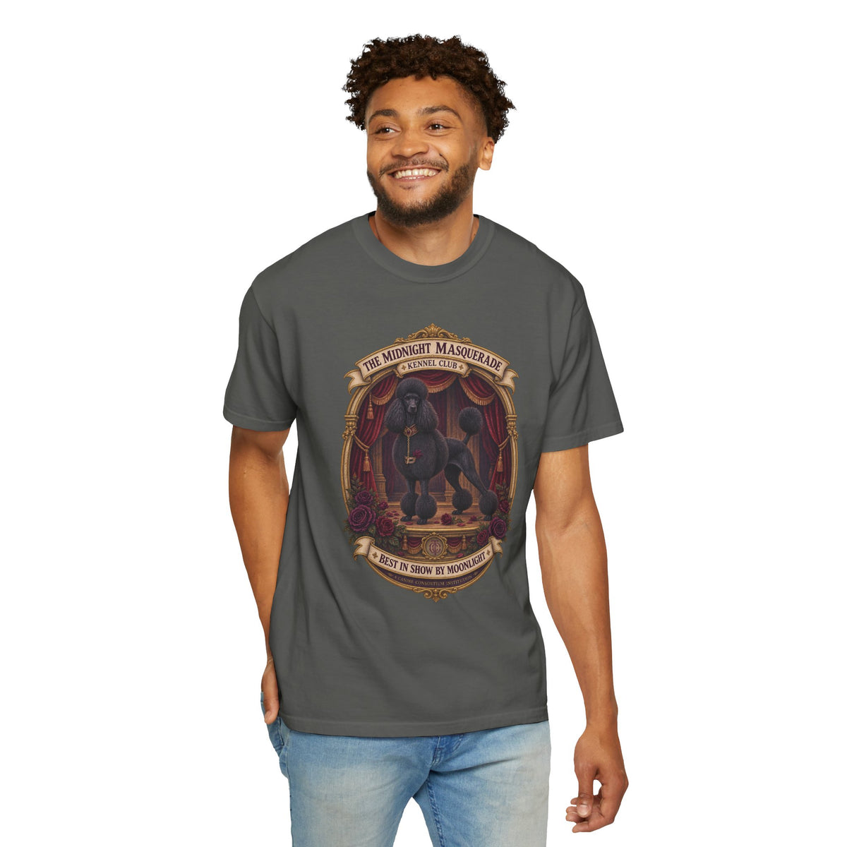 Model wearing Pepper Midnight Masquerade Standard Poodle Halloween T-shirt