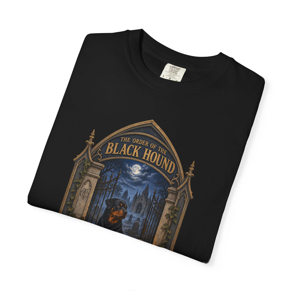 Close-up folded black Comfort Colors T-shirt showing the Gothic Rottweiler Black Hound artwork