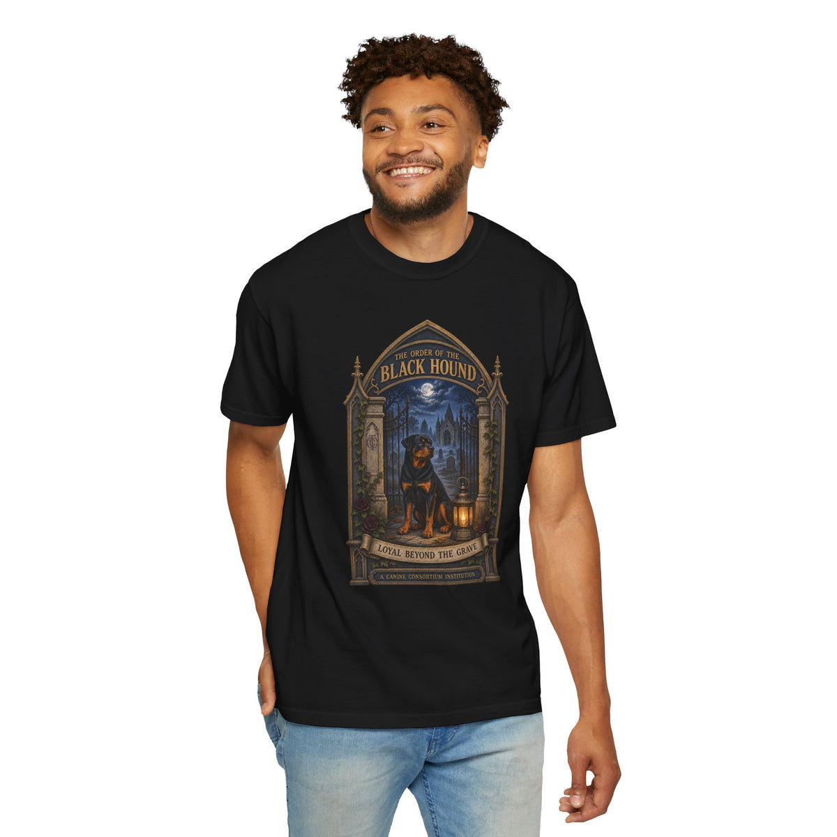 Man wearing black Comfort Colors T-shirt with The Order of the Black Hound Rottweiler Halloween design