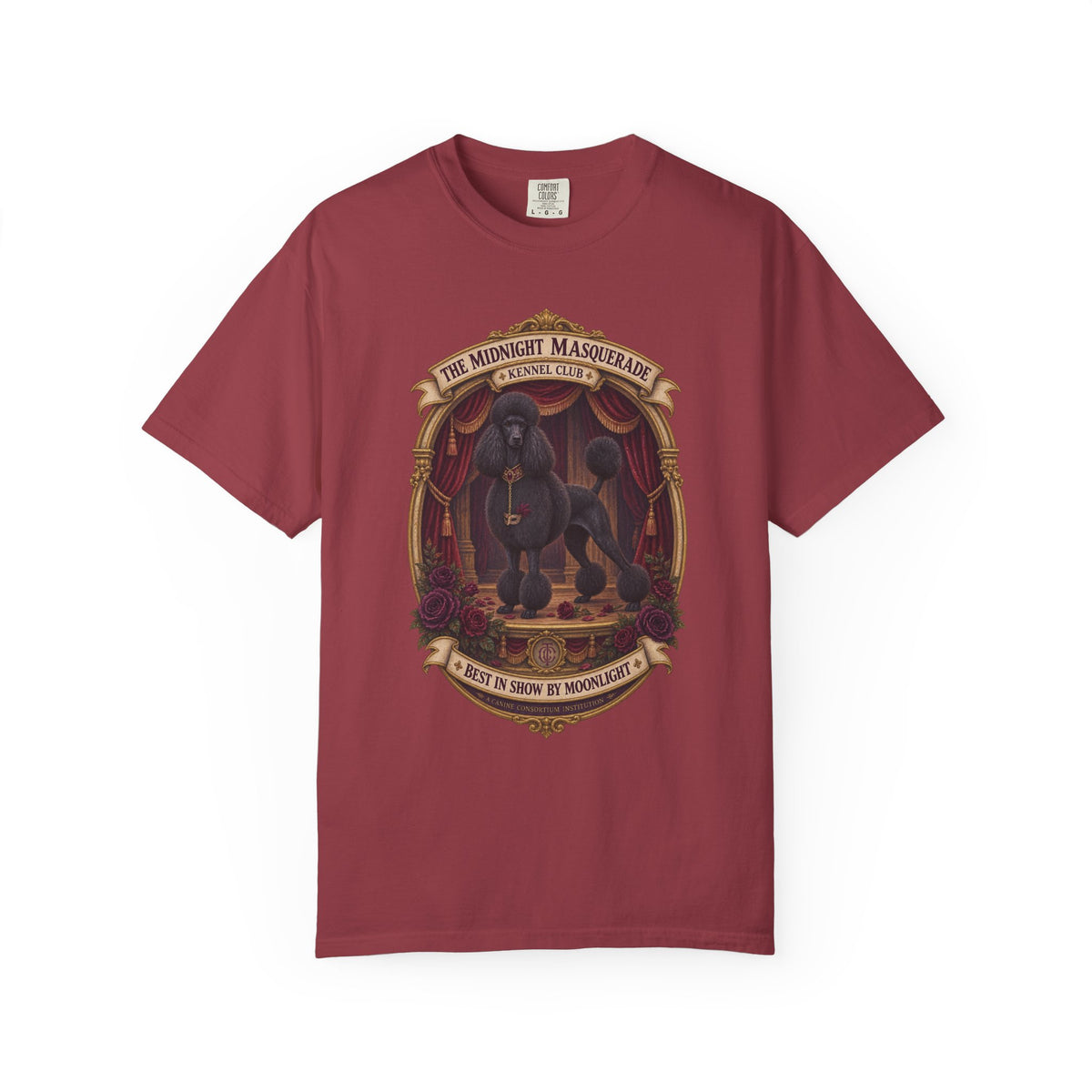 Black Standard Poodle Midnight Masquerade graphic on Chili Comfort Colors T-shirt, front view